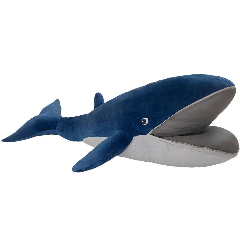 120cm Huge Blue Whale Doll Plush Toy Soft Aquatic Animal Plushie Mouth with Zipper Sleeping Throw Pillow Kid Girl Christmas Gift