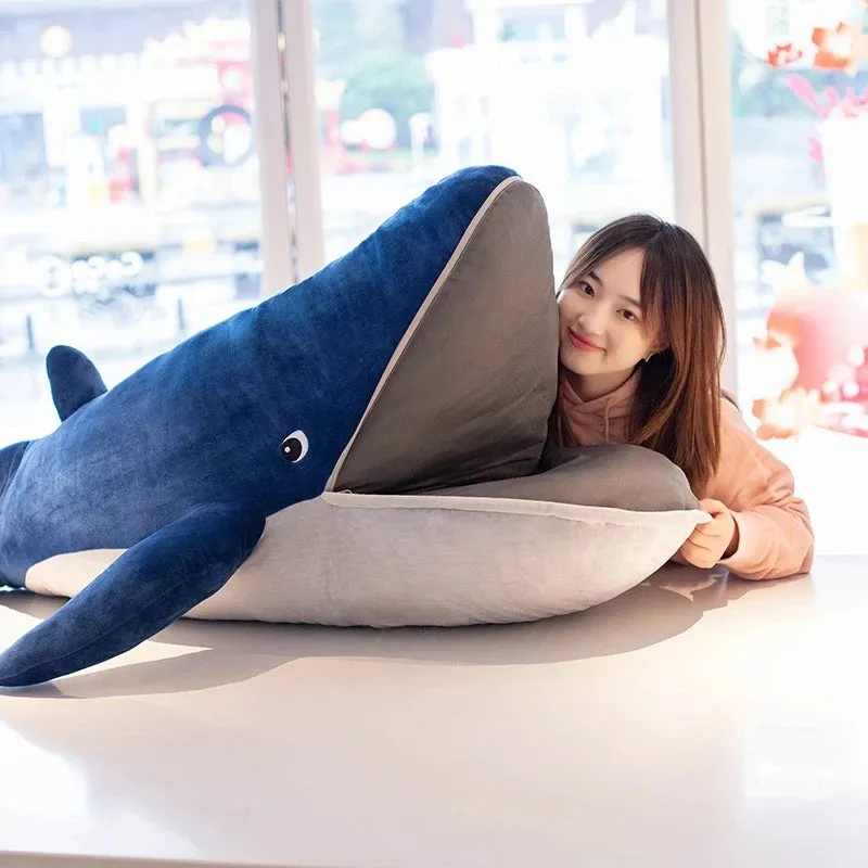 120cm Huge Blue Whale Doll Plush Toy Soft Aquatic Animal Plushie Mouth with Zipper Sleeping Throw Pillow Kid Girl Christmas Gift