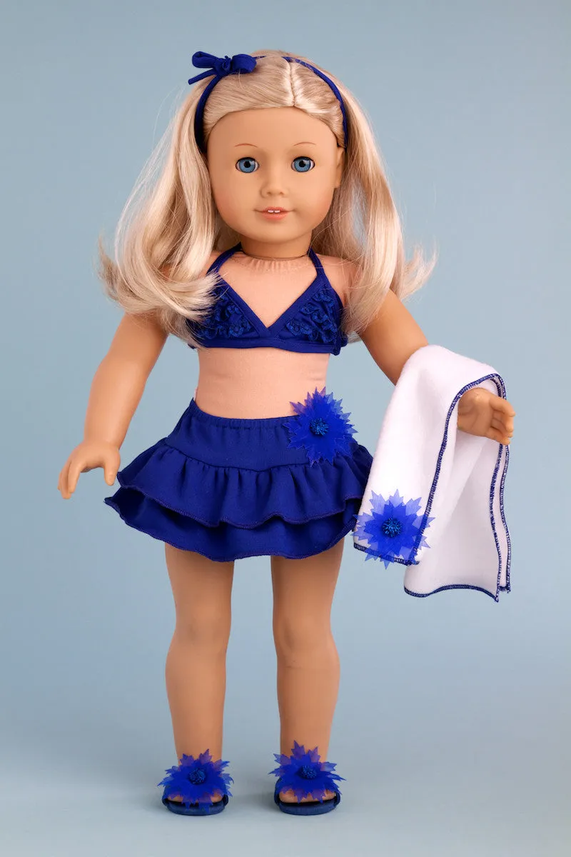 Bikini Mini - Clothes for 18 inch Doll - 4 Piece Swimsuit Outfit - Skirt, Top, matching Flip Flops and Beach Towel