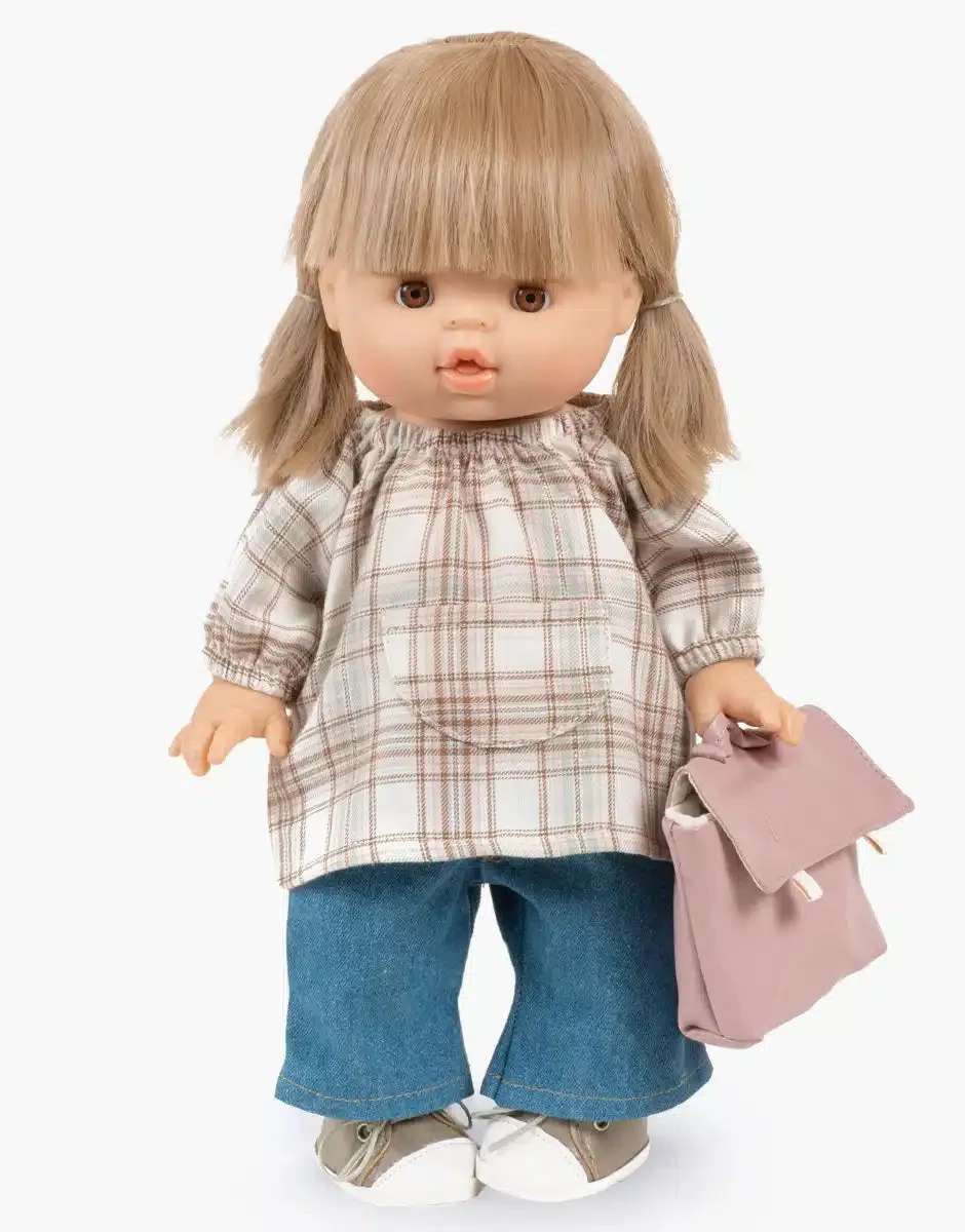 Doll Clothing  “Back to school” set for girls with plaid blouse and dark blue denim pants