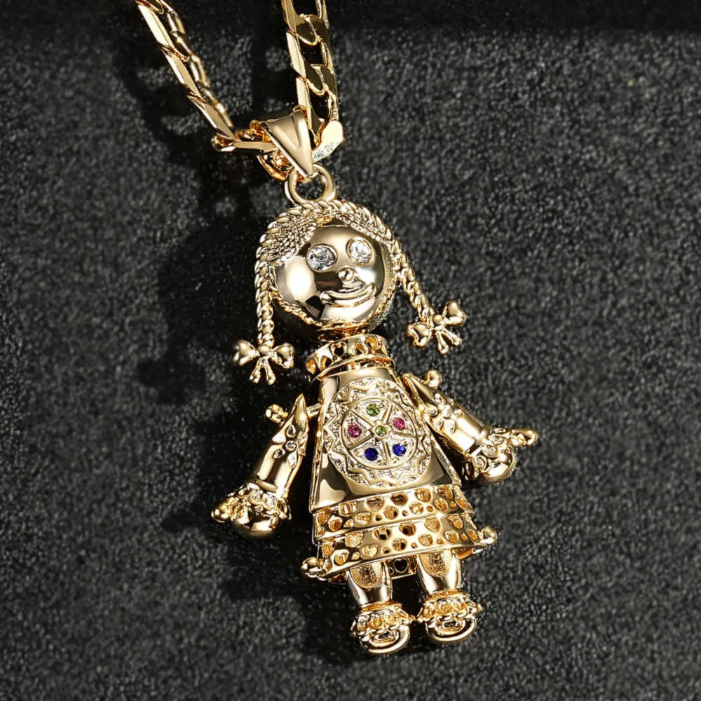 Gold Filled 3D Rag Doll Pendant Cuban Curb Chain 22 Inch 6mm Cuban Chain