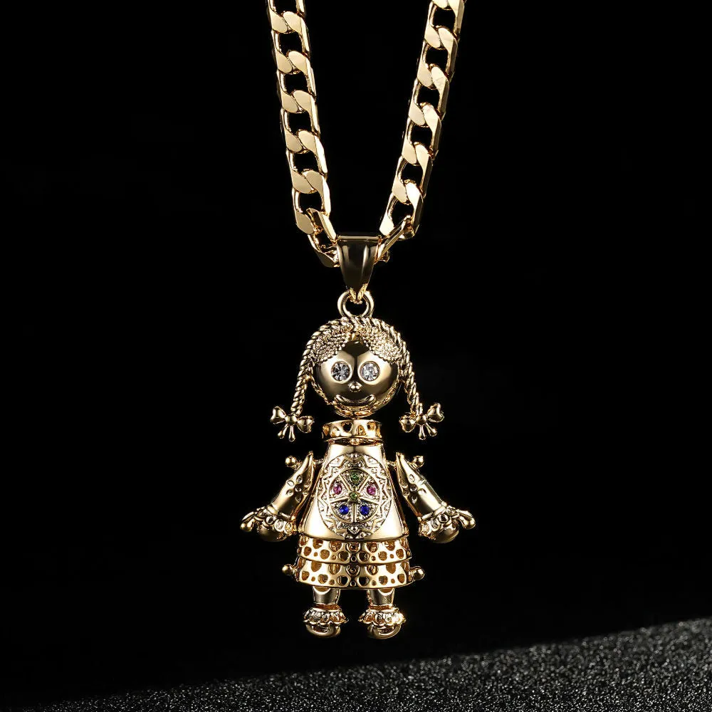 Gold Filled 3D Rag Doll Pendant Cuban Curb Chain 22 Inch 6mm Cuban Chain