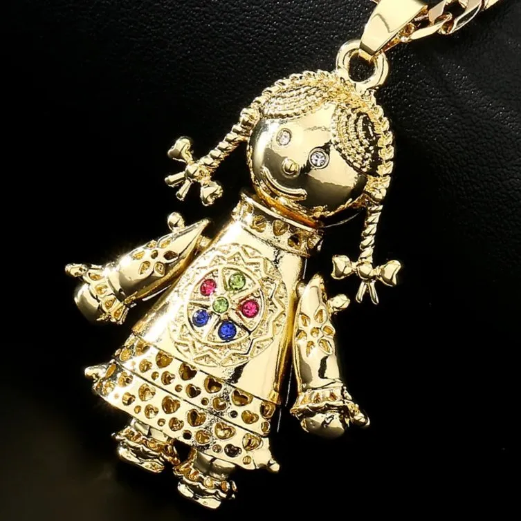 Gold Filled 3D Rag Doll Pendant Cuban Curb Chain 22 Inch 6mm Cuban Chain