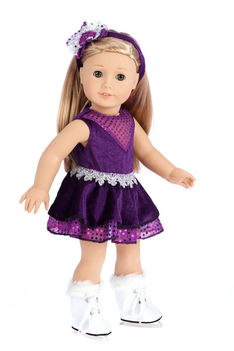 Ice Skating Queen - Clothes for 18 inch Doll - Purple Leotard with Ruffle Skirt, Decorative Headband and White Skates