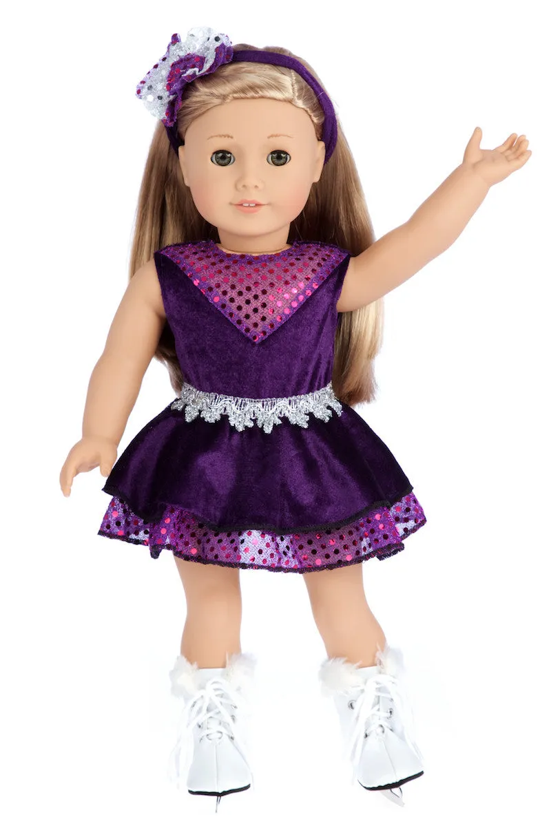 Ice Skating Queen - Clothes for 18 inch Doll - Purple Leotard with Ruffle Skirt, Decorative Headband and White Skates