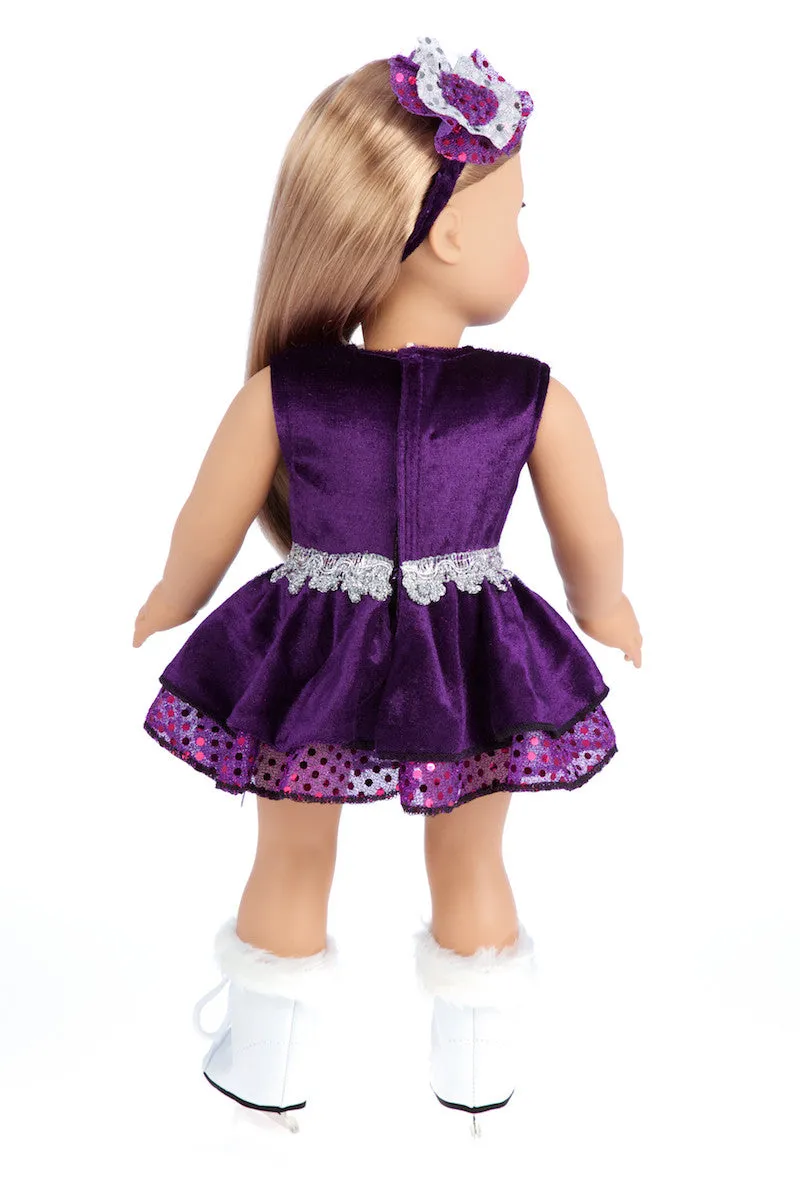 Ice Skating Queen - Clothes for 18 inch Doll - Purple Leotard with Ruffle Skirt, Decorative Headband and White Skates