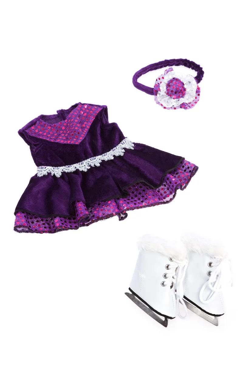 Ice Skating Queen - Clothes for 18 inch Doll - Purple Leotard with Ruffle Skirt, Decorative Headband and White Skates