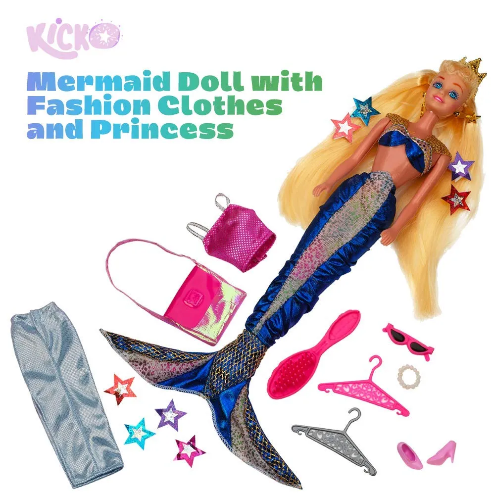 Kicko Mermaid Doll with Fashion Clothes and Princess Crown, Vivid Colors Set of Outfits