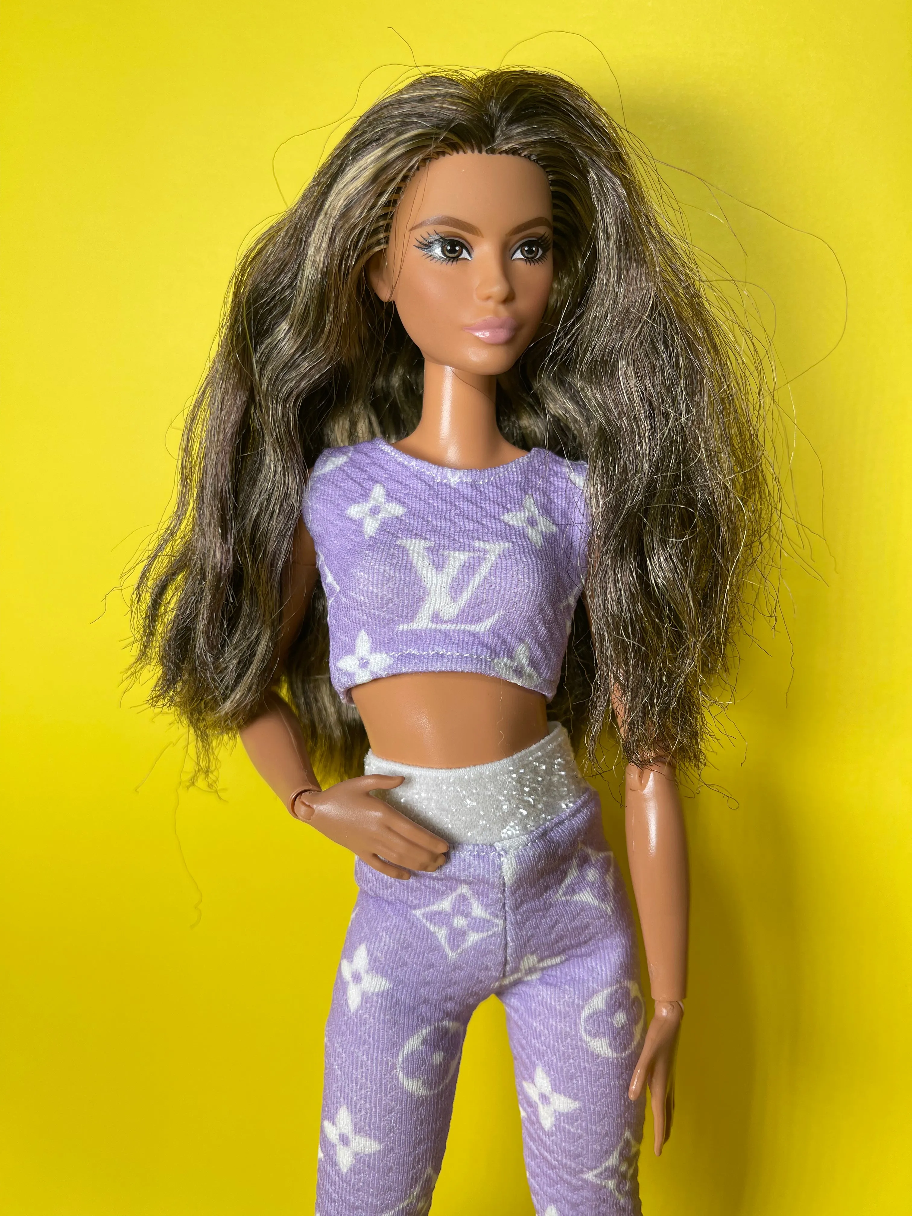 Purple leggings for fashion dolls with crop top miniature doll clothes