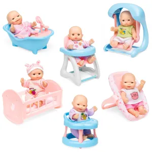 Set of 6 Kids 5in Hand-Sized Baby Doll Toys w/ 6 Lounging Accessories