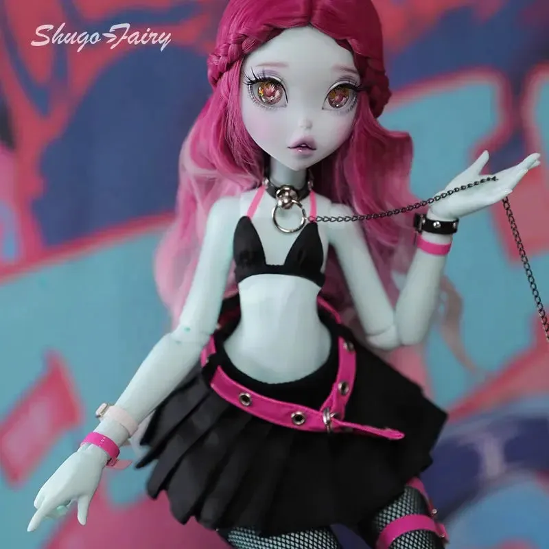 Shuga Fairy 1/4 BJD Doll Kacey | Upright and Floppy Ears | Spice Girls Black and Pink Style Bunny Toys | Ball Jointed Doll