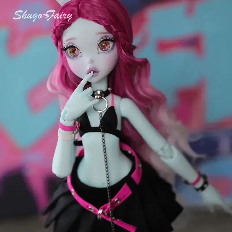 Shuga Fairy 1/4 BJD Doll Kacey | Upright and Floppy Ears | Spice Girls Black and Pink Style Bunny Toys | Ball Jointed Doll