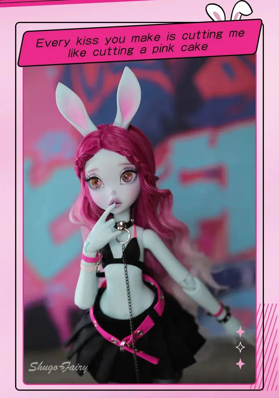 Shuga Fairy 1/4 BJD Doll Kacey | Upright and Floppy Ears | Spice Girls Black and Pink Style Bunny Toys | Ball Jointed Doll