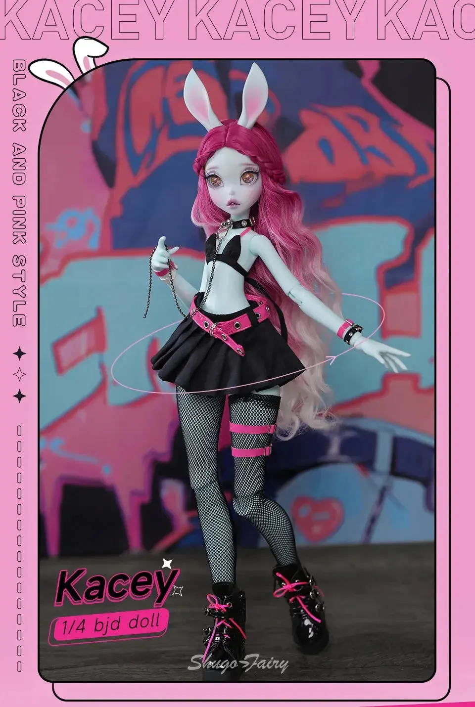 Shuga Fairy 1/4 BJD Doll Kacey | Upright and Floppy Ears | Spice Girls Black and Pink Style Bunny Toys | Ball Jointed Doll