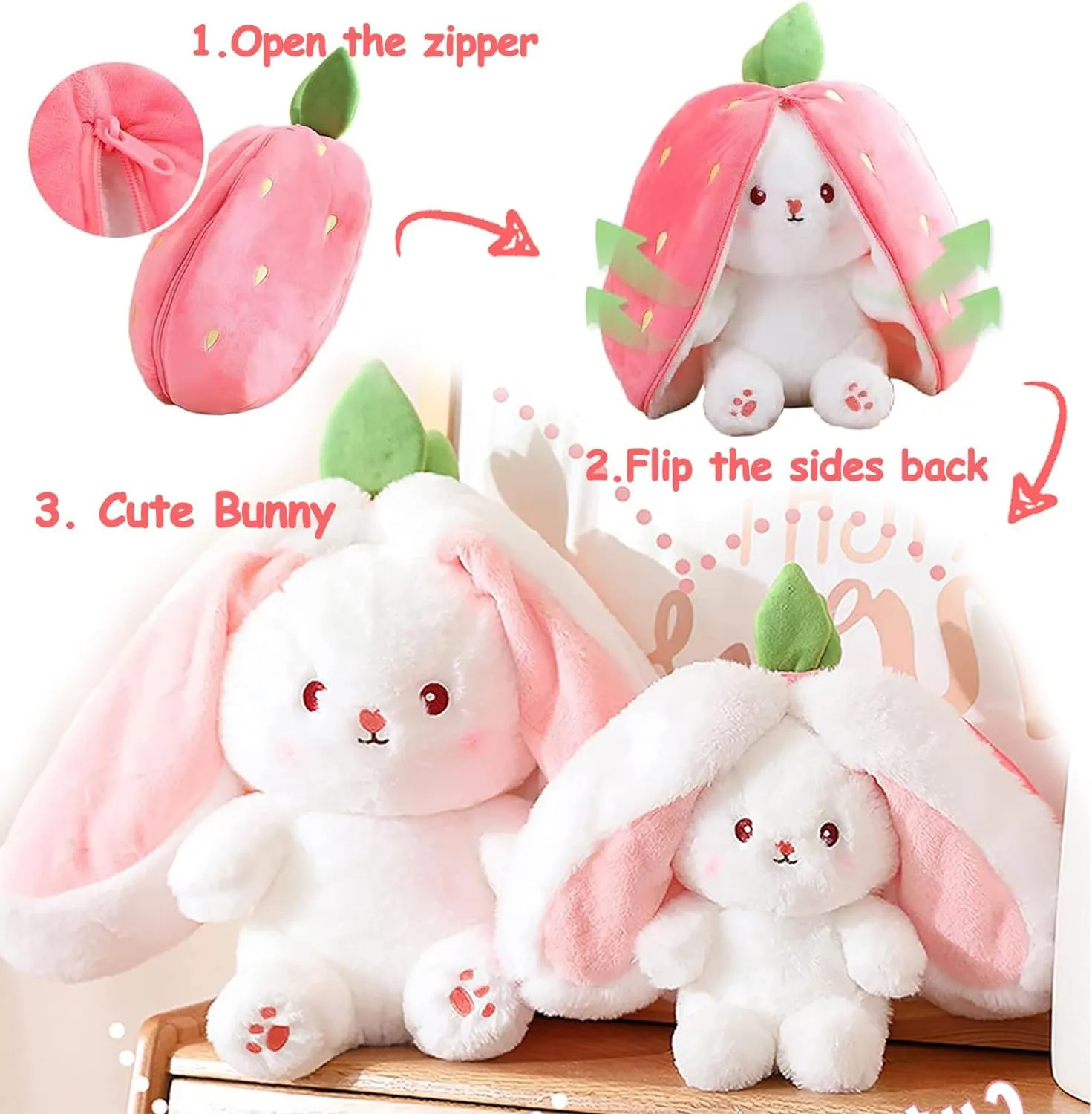 SILLYME Strawberry Rabbit - Reversible Bunny Soft Toy - Plush Toys for Girls - Strawberry Bunny pou Soft Toy (28 cm)