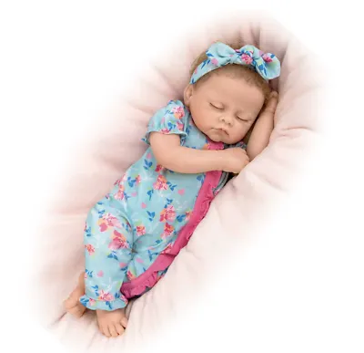 The Ashton - Drake Galleries Bella Interactive Lifelike TrueTouch® Authentic Silicone Baby Girl Doll Breathes and Coos Weighted Fully Poseable with Custom Floral Sleeper & Headband by Artist Linda Murray 19"-inches