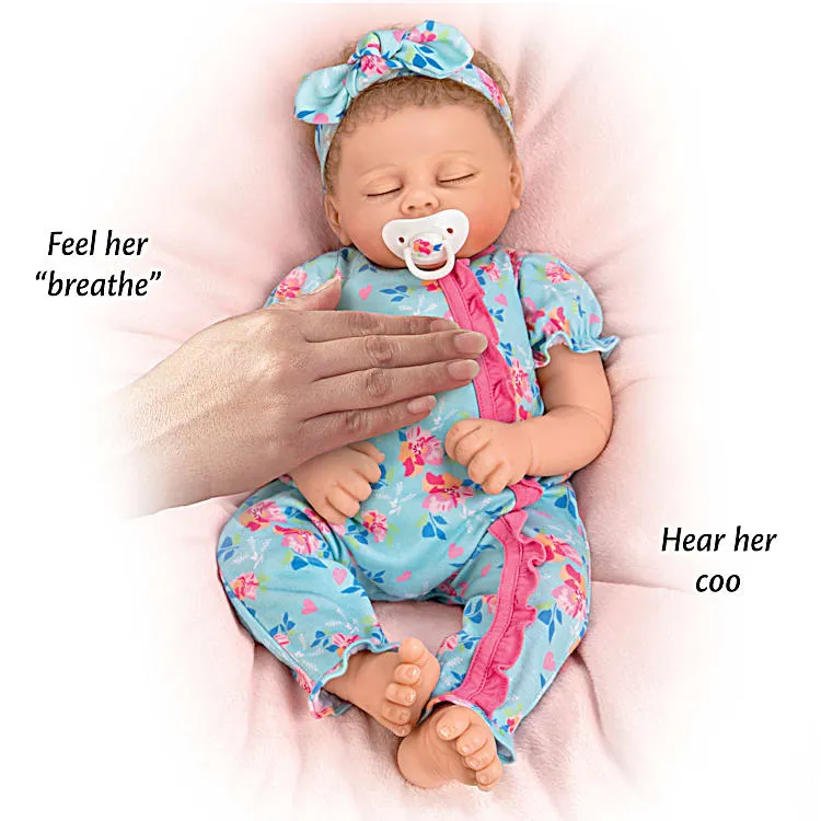 The Ashton - Drake Galleries Bella Interactive Lifelike TrueTouch® Authentic Silicone Baby Girl Doll Breathes and Coos Weighted Fully Poseable with Custom Floral Sleeper & Headband by Artist Linda Murray 19"-inches