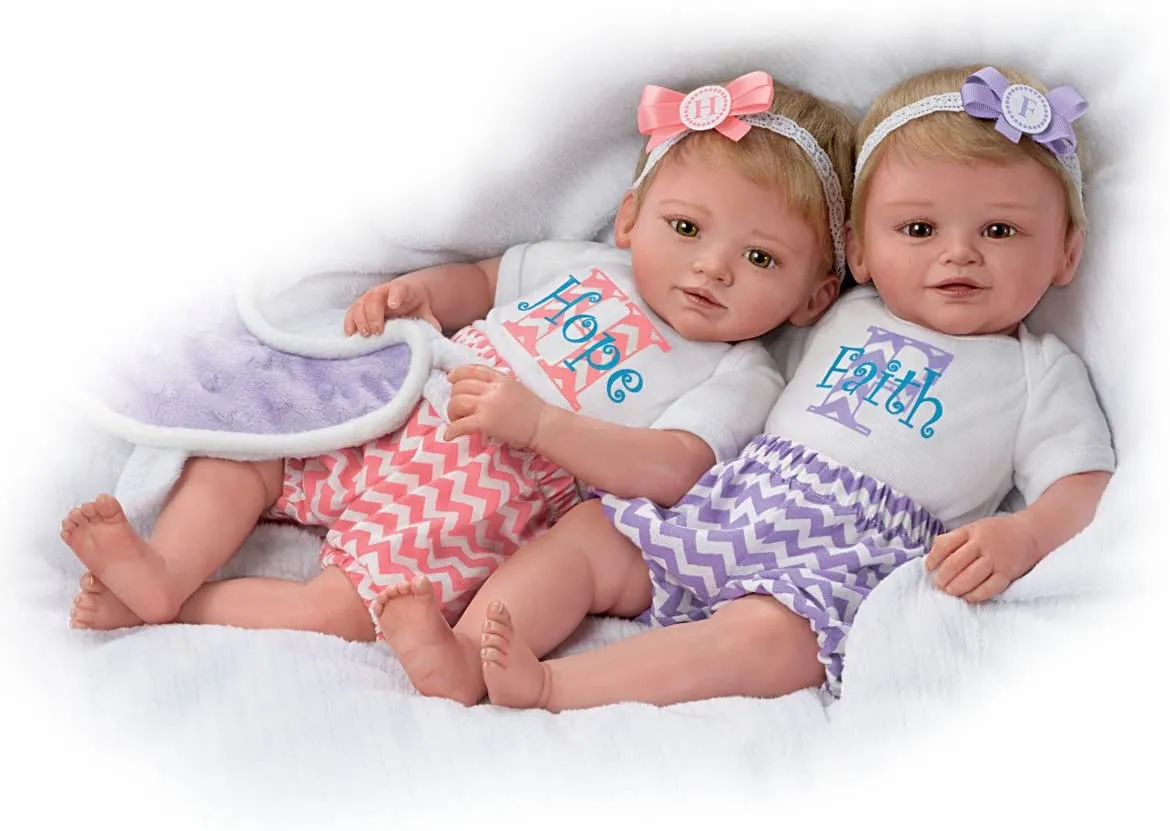 The Ashton - Drake Galleries Lifelike Poseable Twins "Hope and Faith" Baby Dolls Set with Purple Baby Bunting by Mayra Garza 14-inches